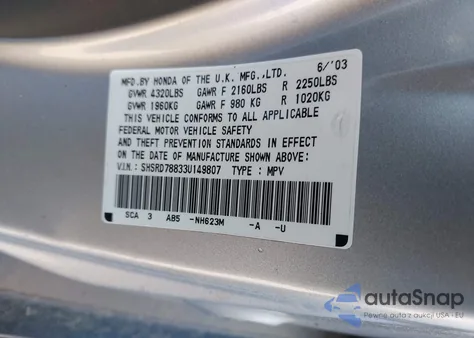 2003 Honda Cr-V Ex из США, поврежденный, VIN SHSRD78833U149807